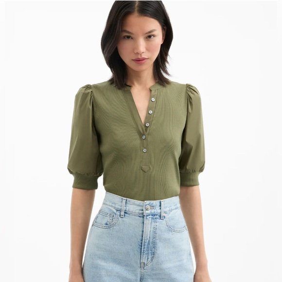 Veronica Beard Coralee Puff-Sleeve Half-Sleeve Henley Top Green stone army Small - Picture 2 of 8